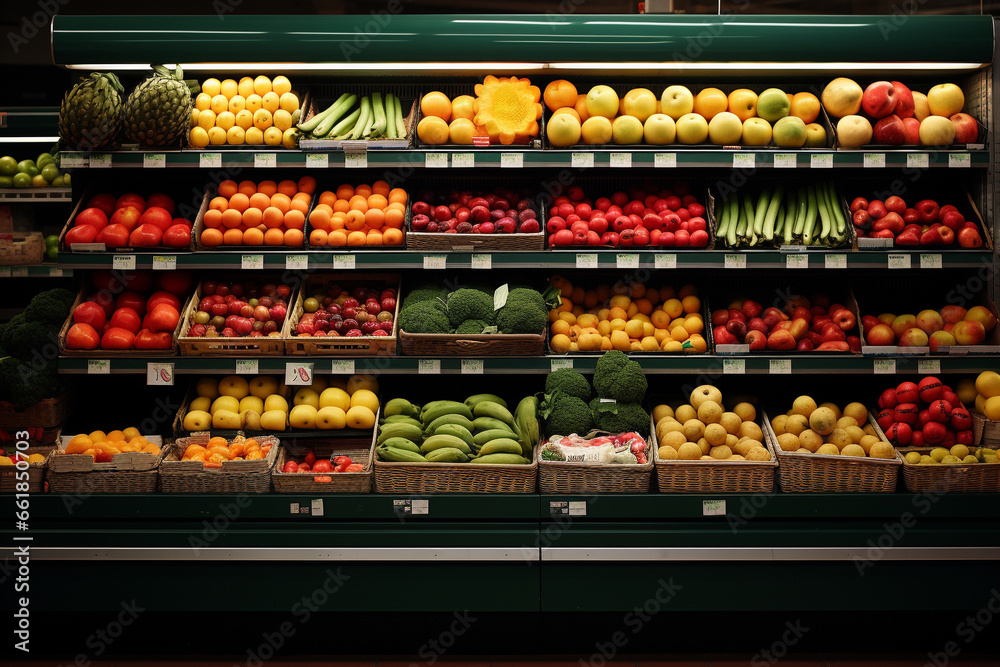 Supermarket Shelf Filled with Various Fruits and Vegetables
