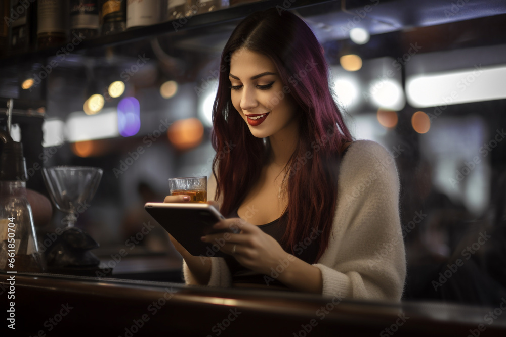 Woman at a Nighttime Bar, Looking at Her tablet and Laughing While Drinking a Beer Woman at a Nighttime Bar, Looking at Her tablet and Laughing While Drinking a Beer