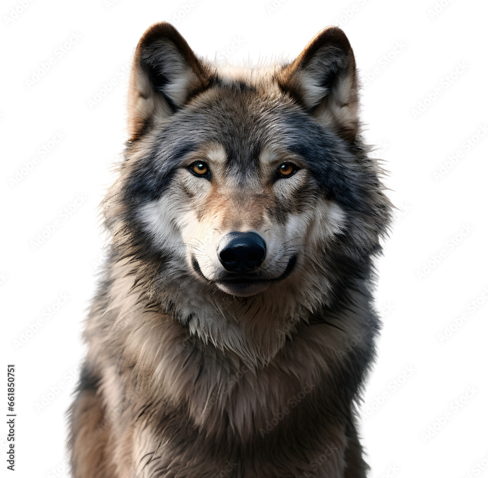 Front view of Grey Wolf (Canis lupus) isolated on white background cutout Front view of Grey Wolf (Canis lupus) isolated on white background cutout