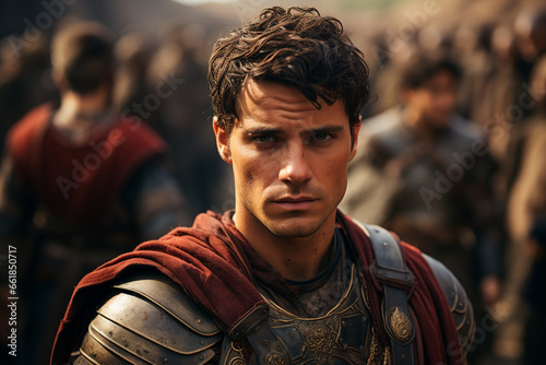 Portrait of a Roman Soldier Gazing Sternly at the Camera After a Historic Battle. 