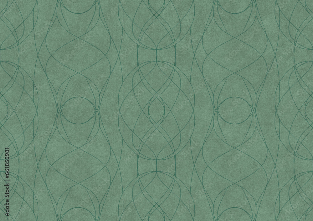 Fototapeta premium Hand-drawn unique abstract symmetrical seamless ornament. Dark semi transparent green on a light cold green background color. Paper texture. A4. (pattern: p10-1b)