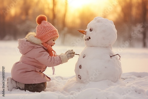 happy girl creating a snowman winter fun snowy day © 7oanna