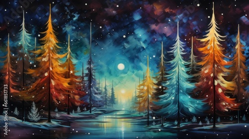 colorful magic Christmas wonderland forest illustration