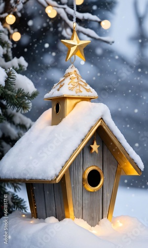Photo Of Christmas Snow-Covered Birdhouse With Fairy Lights And A Golden Star On Top