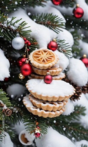 Photo Of Christmas Snow-Covered Pine Tree With Hanging Mince Pies And Jingle Bells