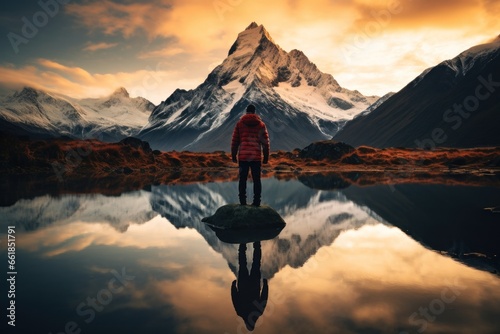 man looking at his reflection in the lake in the mountains nature contemplation #661851791