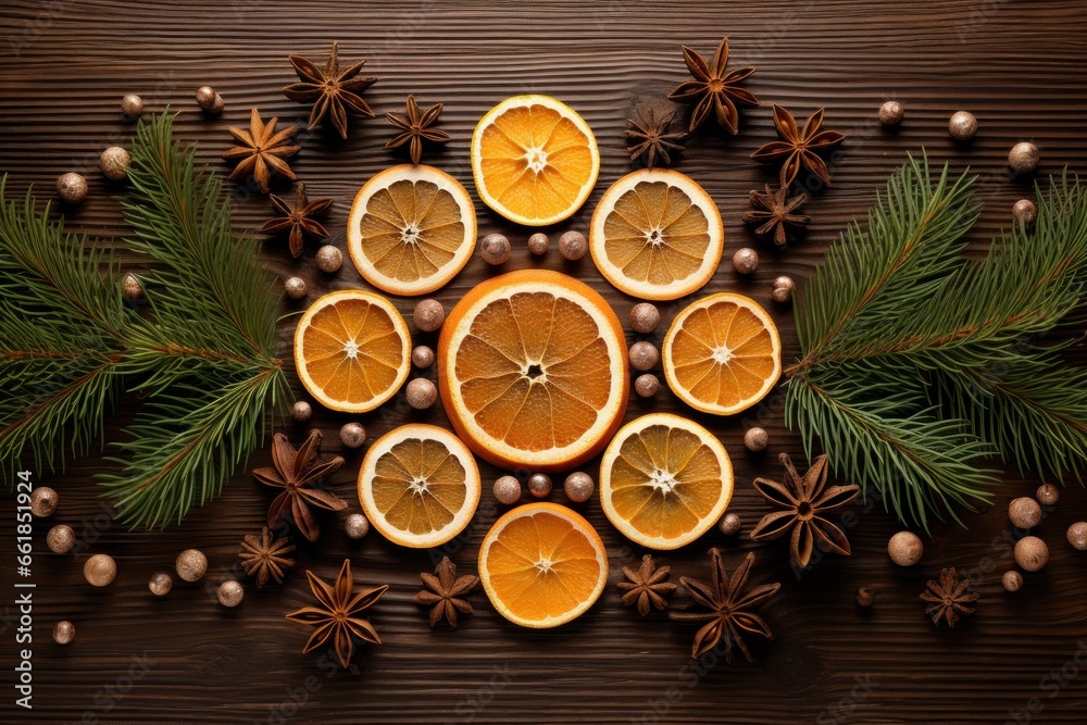 creative christmas star decoration made with oranges, pine cones, cardamon and cinnamon on wooden table