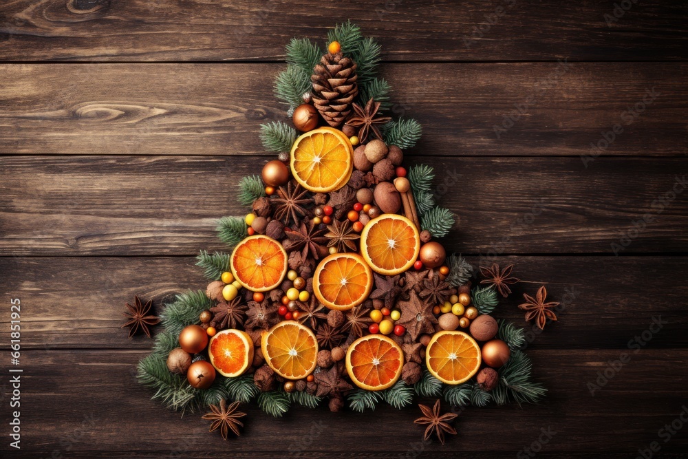 creative christmas tree made with oranges, pine cones, cardamon and cinnamon