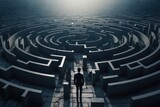businessman standing in middle of giant maze concept of business strategy