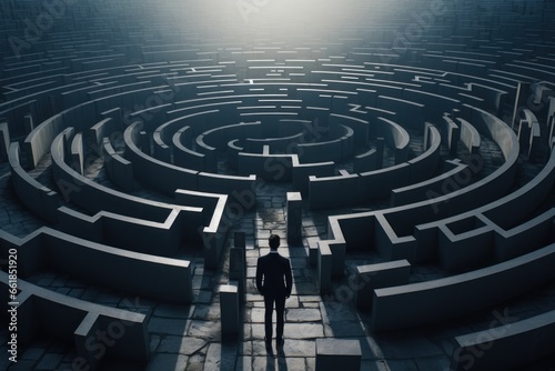 businessman standing in middle of giant maze concept of business strategy