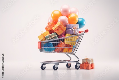 xmas shopping cart piled with gifts isolated on white background