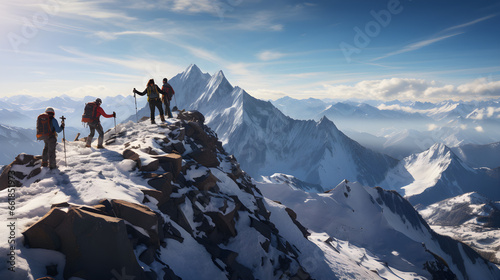Adventurous Ski Enthusiasts Conquer Majestic Mountain Peaks