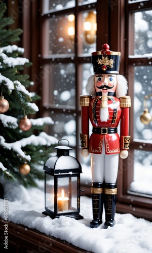 Photo Of Christmas Nutcracker Holding A Lantern Beside A Snowy Window