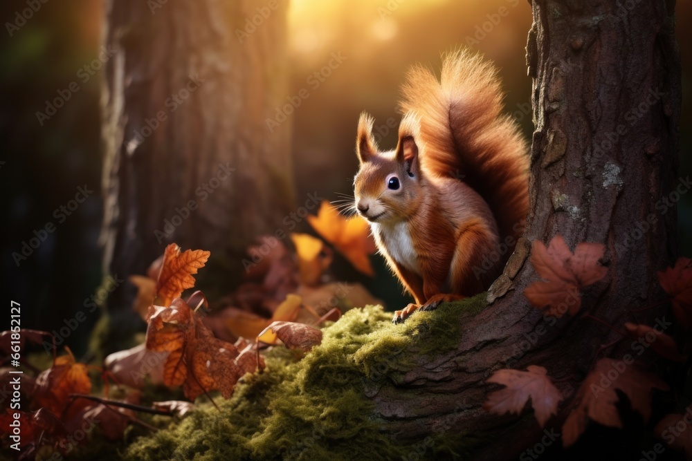 red squirrel sitting in a tree in the fall