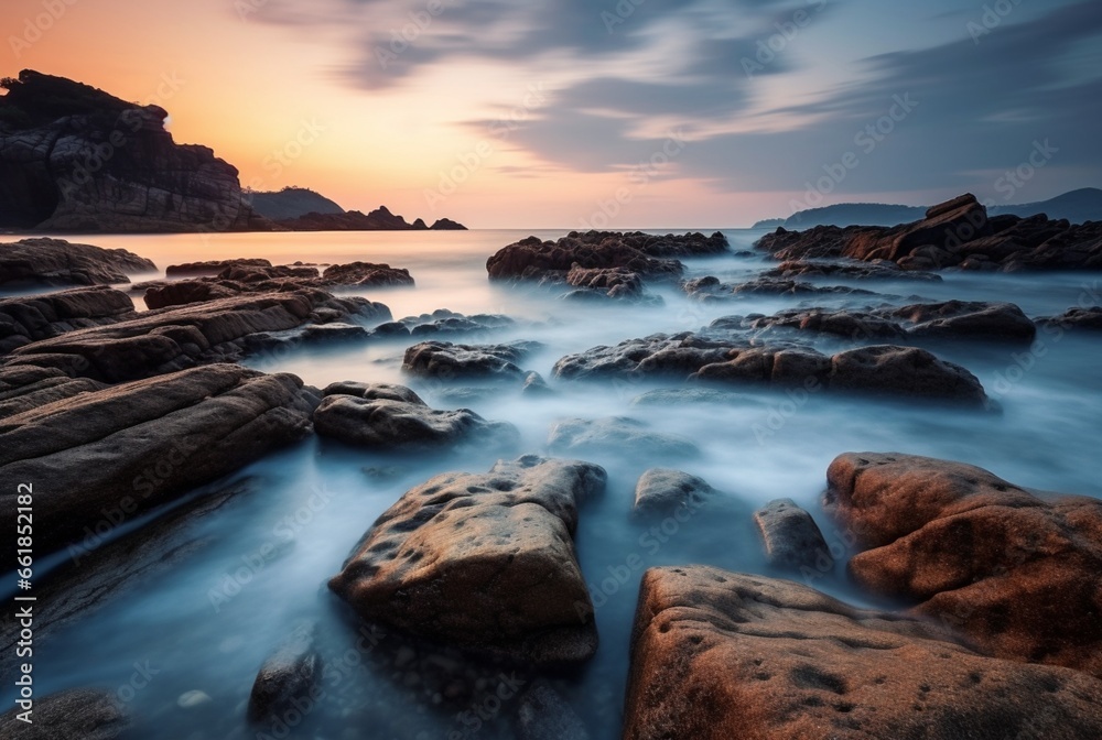 Beautiful sea views with relaxing and gentle rocks and waves. long exposure photography. generative ai