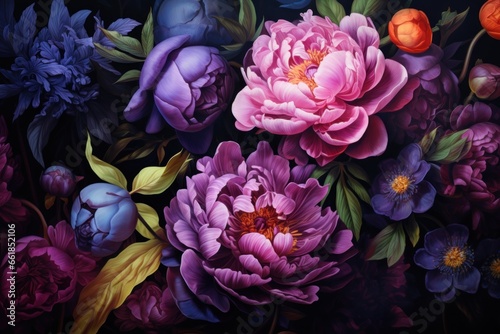 Fototapeta Naklejka Na Ścianę i Meble -  vintage bouquet of peony flowers on a black background