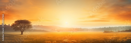 sun is rising over a pasture with trees panorama © 7oanna