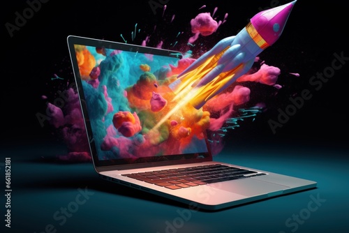 rocket launched off of a laptop concept of project kickoff launching innovation