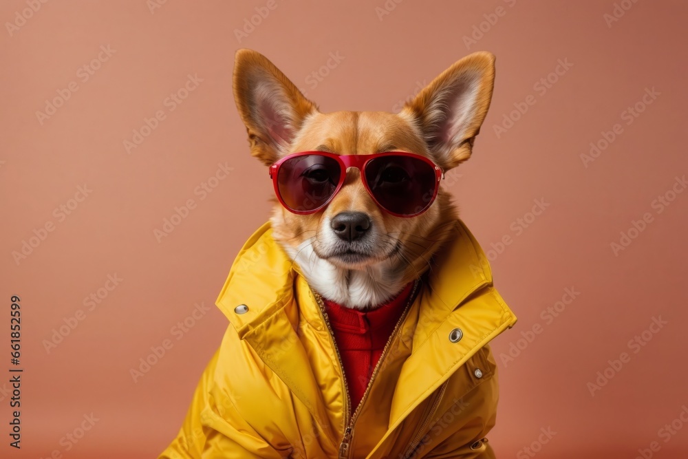 Fashion Dog - Stylish dog wearing  Red sunglasses and a yellow  jacket -Happy Chihuahua in Colorful Pet Clothing on Yellow Background