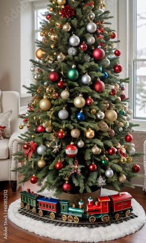 Photo Of Christmas Pine Tree Adorned With Toy Trains  Baubles  And Jingle Bells In A Festive Living Room