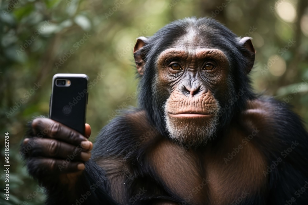 A chimpanze holding a phone taking a selfie of itself. - A happy primate capturing a selfie with a smartphone.  - obrazy, fototapety, plakaty 