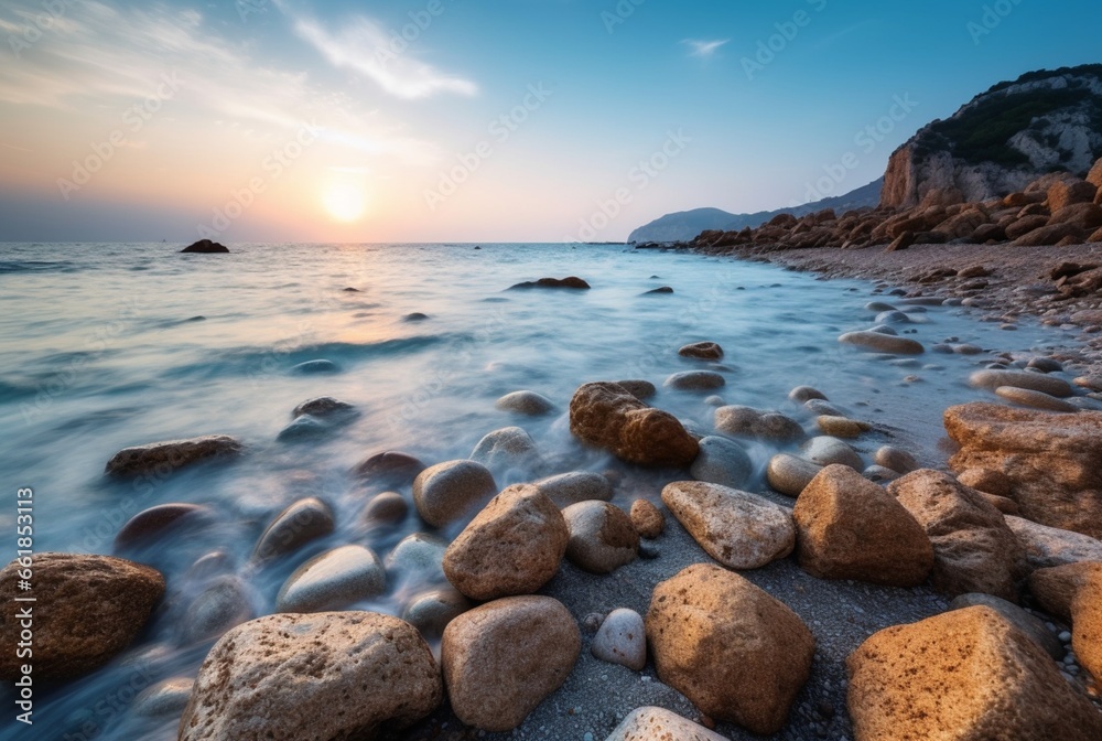 Beautiful sea views with relaxing and gentle rocks and waves. long exposure photography. generative ai