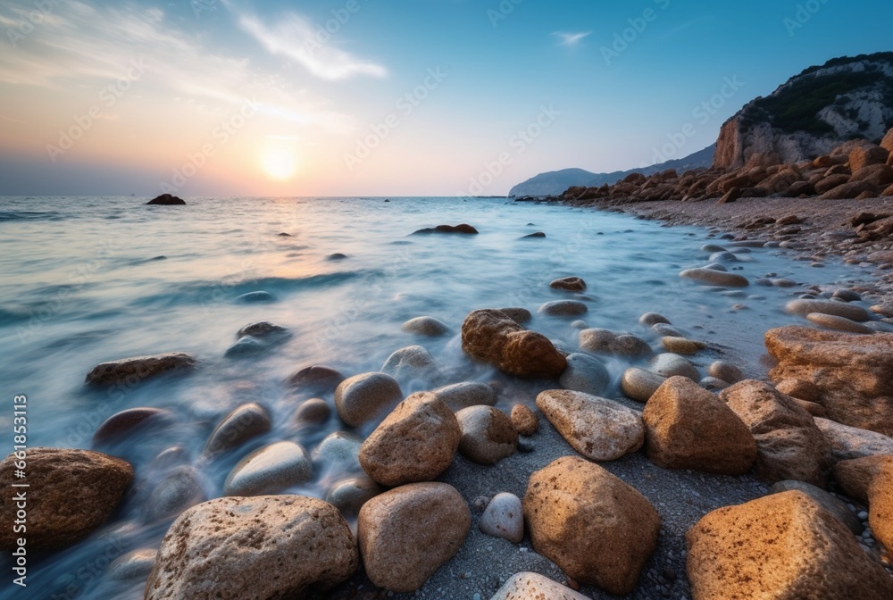 Beautiful sea views with relaxing and gentle rocks and waves. long exposure photography. generative ai Beautiful sea views with relaxing and gentle rocks and waves. long exposure photography. generative ai