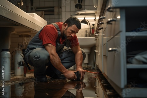 repair technician kneels beside an overflowing sink, tools in hand, ready to tackle the issue. Water spills onto the floor, creating a reflective surface 