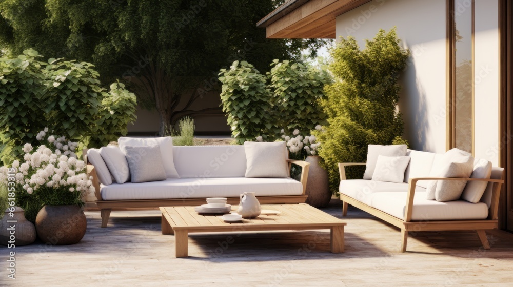 Garden lounge, rural home patio decoration, minimalist design.