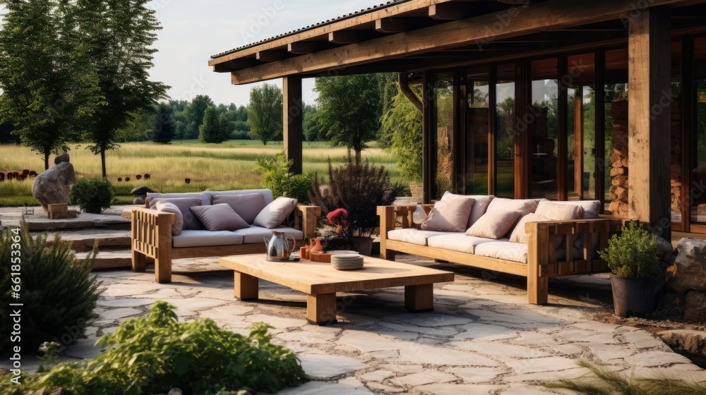 Garden lounge, rural home patio decoration, minimalist design.