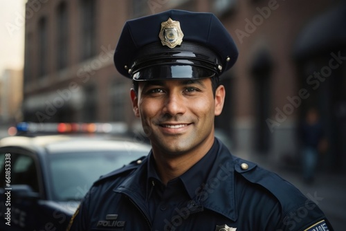 portrait of a police officer -Confident male official in legal attire smiling at camera. photo