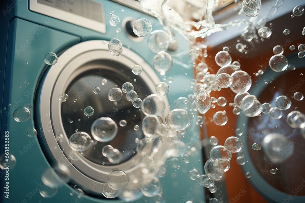 Inside an elegantly designed laundry room, a modern washing machine