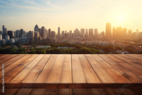 Top of surface wooden table with blurred city buildings and sun light background.