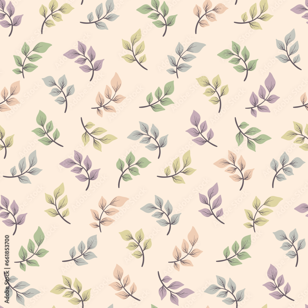 Seamless floral pattern, abstract natural print with delicate leaves in watercolor colors. Pastel botanical design, ornament with falling hand drawn foliage on a light background. Vector illustration.