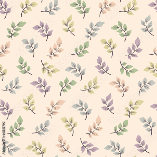 Seamless floral pattern, abstract natural print with delicate leaves in watercolor colors. Pastel botanical design, ornament with falling hand drawn foliage on a light background. Vector illustration.