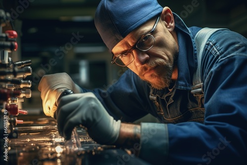 A skilled craftsman, wearing a denim jumpsuit and protective goggles, works in a modern kitchen, meticulously fixing a leaky faucet © EOL STUDIOS