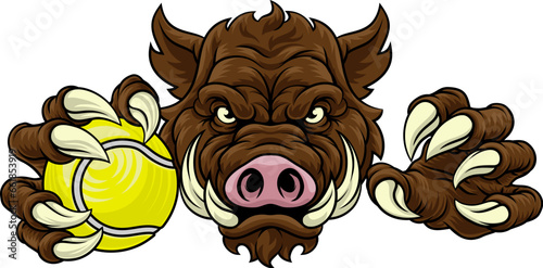A wild boar, hog razorback warthog pig mean tough cartoon sports mascot holding a tennis ball