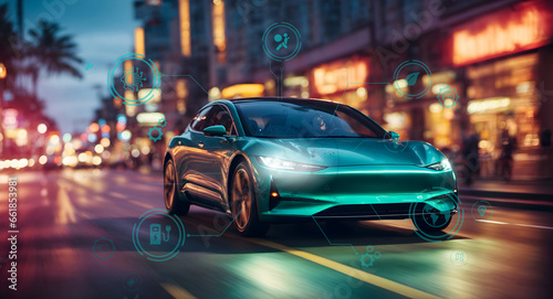 Electric vehicle in futuristic vehicle concept. EV dashboard design element elegant and simple style for alternative Car service and characteristics. © Jirattawut