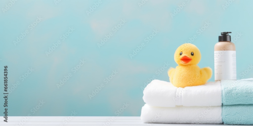 Cute rubber duck next to the soft towels in the bathroom interior - obrazy, fototapety, plakaty 