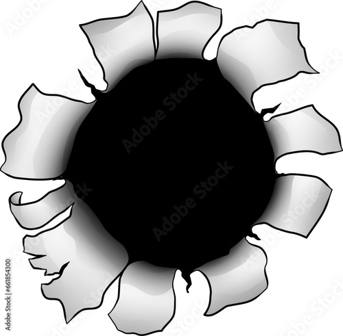 A bullet hole metal paper rip gun shot through wall