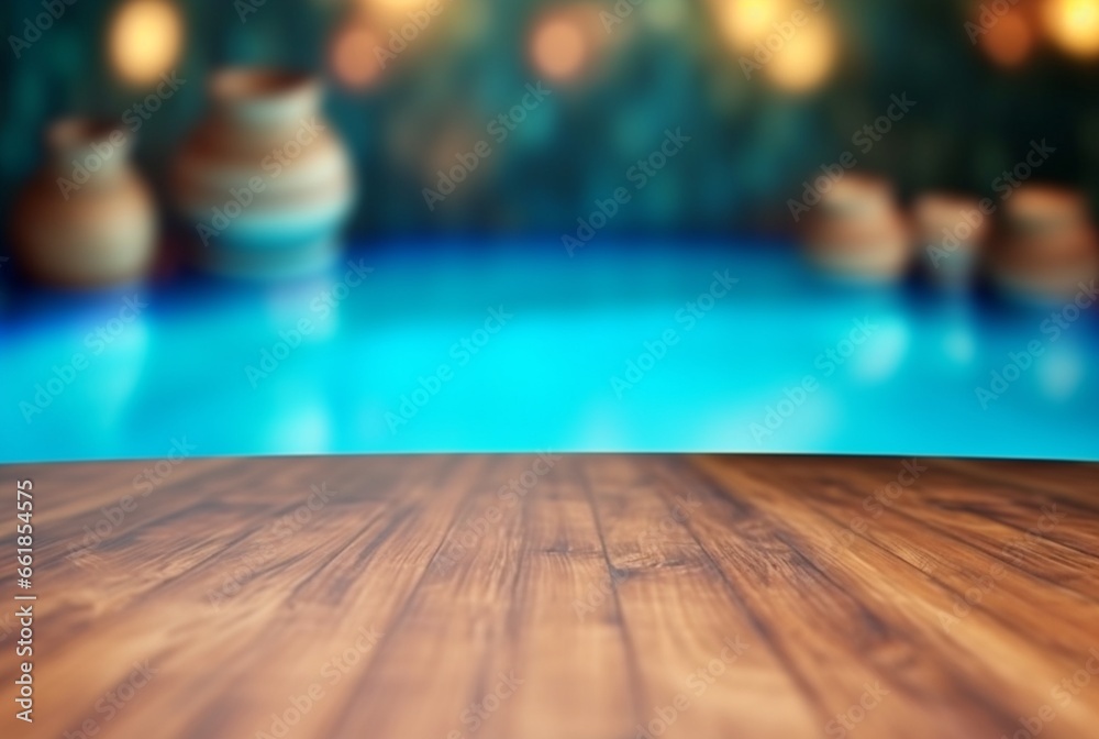 empty wooden table with blurred background of swimming pool and sunlight, for podium product display. generative ai