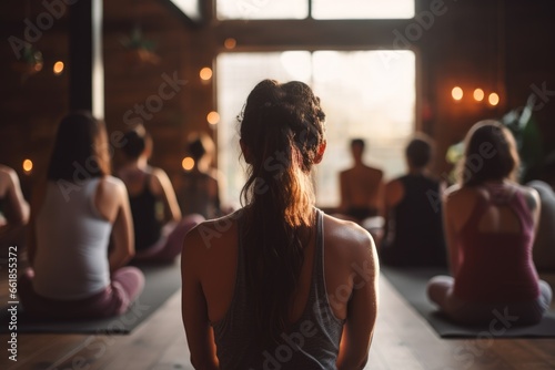 Yoga class in the yoga studio filled with natural light. Self care, mental health concept photo