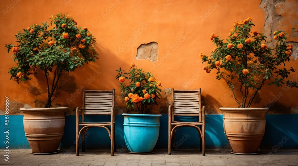 Fototapeta premium rustic interior design with potted flowers and two chairs