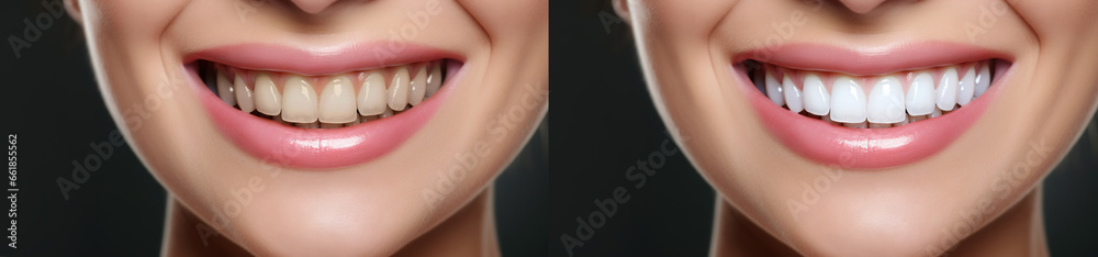 Visual display of teeth transformation through professional whitening. Before and after collage - obrazy, fototapety, plakaty 