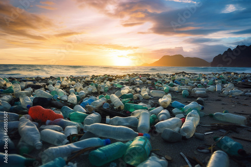 Plastic water bottles pollution in ocean. Environment concept