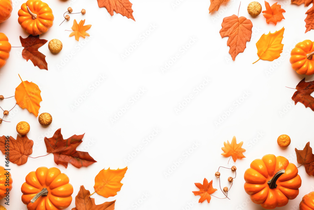 Fototapeta premium Fall background with pumpkins and fall leaves on white background with copy space.