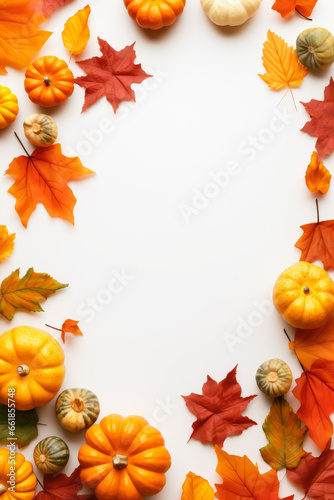 Fall background with pumpkins and fall leaves on white background with copy space.