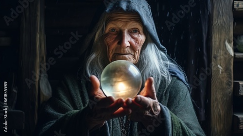 An old white magical witch holding a small shiny sphere on dark background, created with Generative Ai technology.