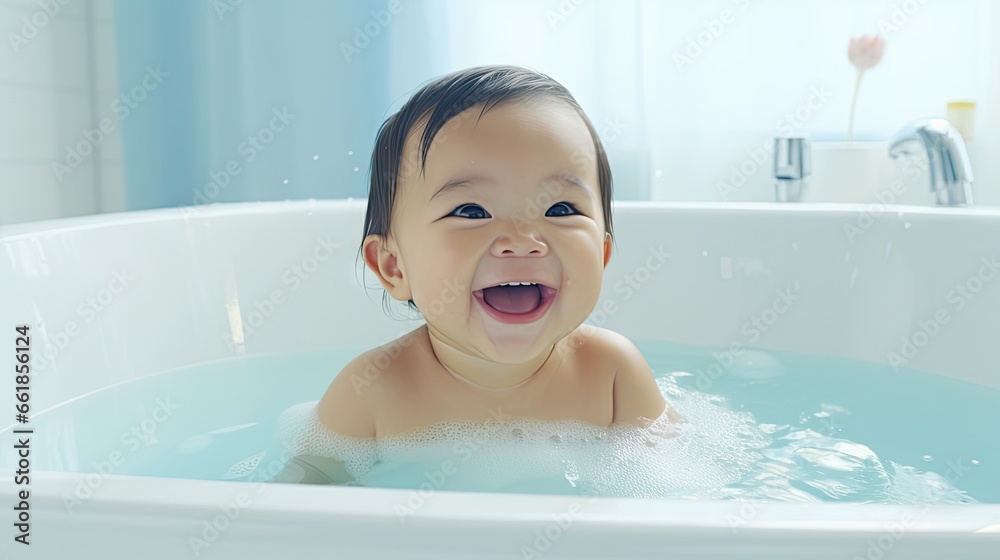 Asian newborn baby taking a bath in the bathroom background.