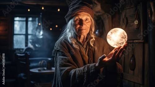 An old white magical witch holding a small shiny sphere on dark background, created with Generative Ai technology.